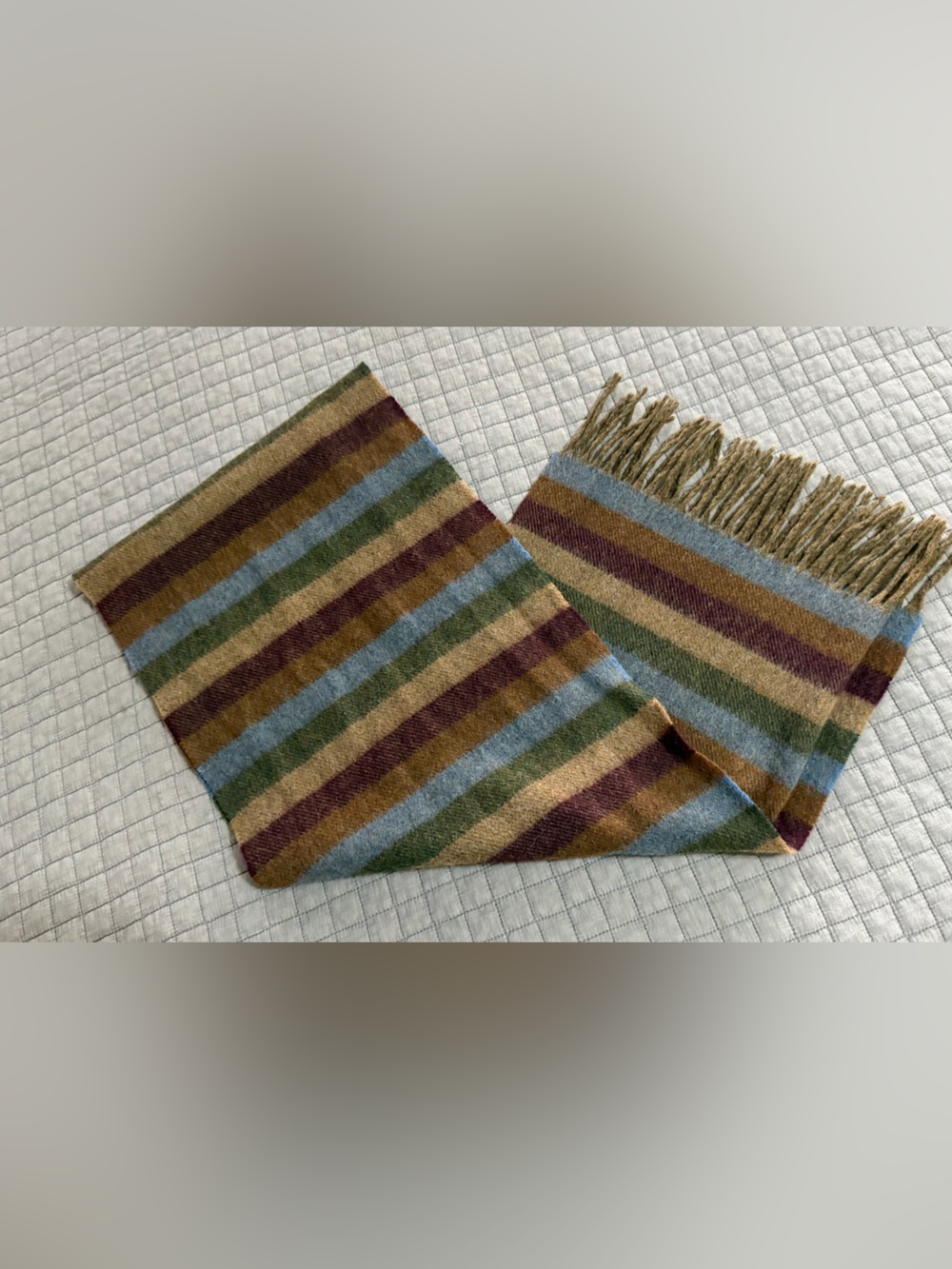 L.L. Bean Wool Striped Fringe Scarf in Blue, Green, Brown, and Burgundy